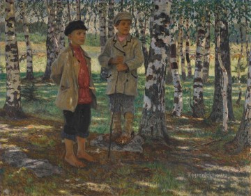 two boys singing Painting - BOYS IN A BIRCH FOREST Nikolay Bogdanov Belsky